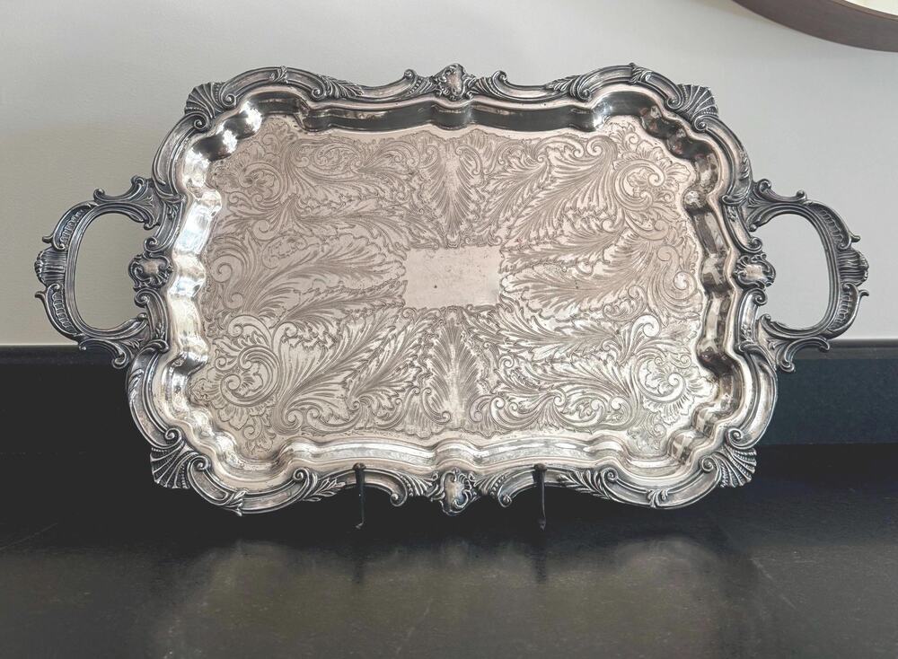 Vintage Birmingham Silverplate Tray • Ornate Engraved Floral, Claw Feet (24")